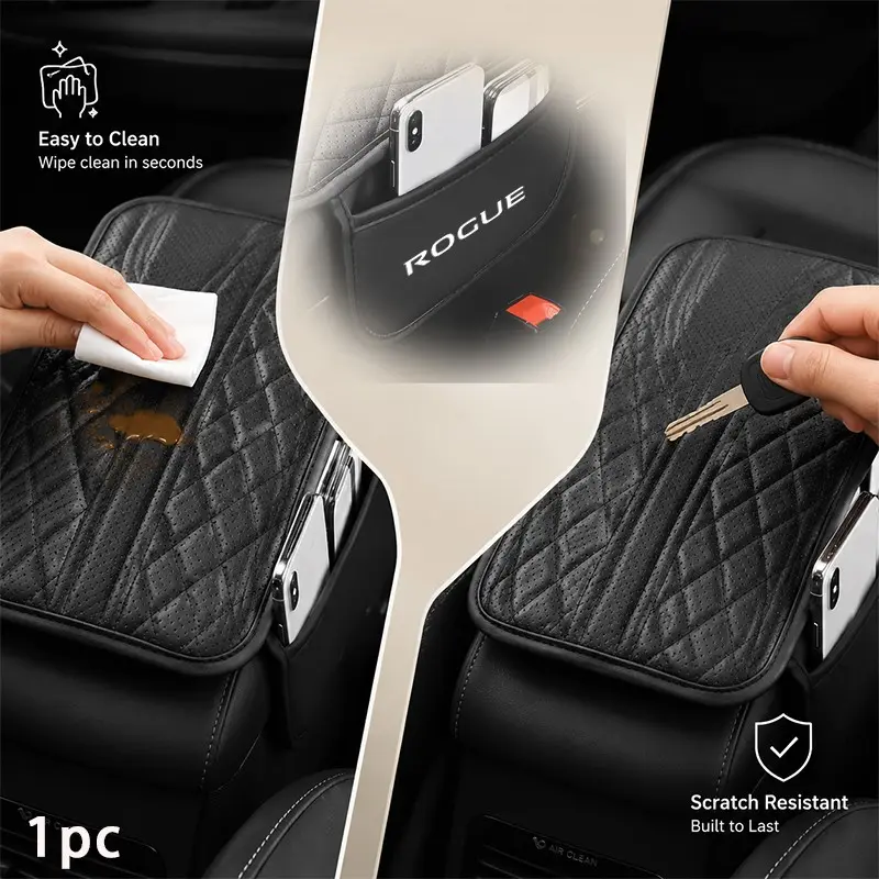 Nissan Rogue Armrest Pad, Perforated Breathable PU Leather, Double-Sided Pocket Design, Interior Storage & Protection, 1pc