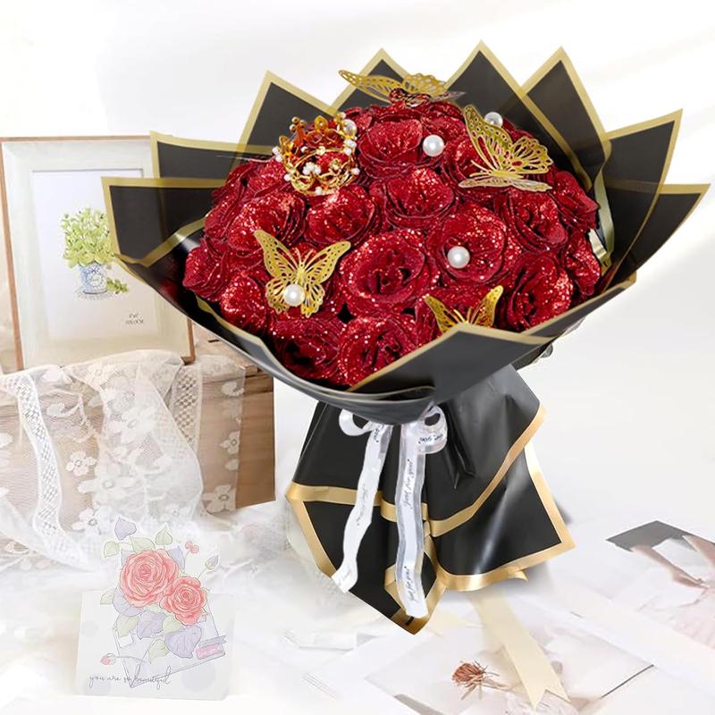 Red Glitter Roses Bouquet, 24 count Shiny Glitter  Bouquet, Everlasting Artificial Roses Bouquet for Mothers Day, Birthday, Anniversary, Wedding, Engagement, Christmas