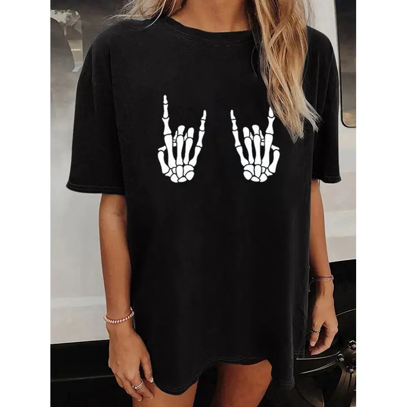 Skull Print - Crew Neck T-shirt - Casual Loose Short Sleeve - Fashion Summer T-Shirts Tops - Women's Clothing