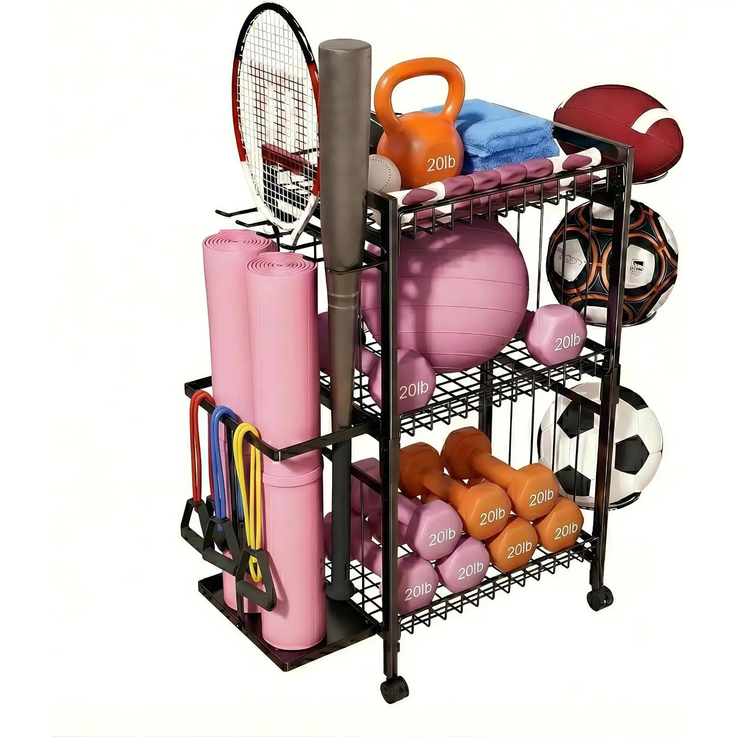 Gym Storage Rack 3-Tier Dumbbell Rack with Ball Holder & Side Basket Heavy Duty Vertical Workout Equipment Organizer for Yoga Mats Lockable Wheels