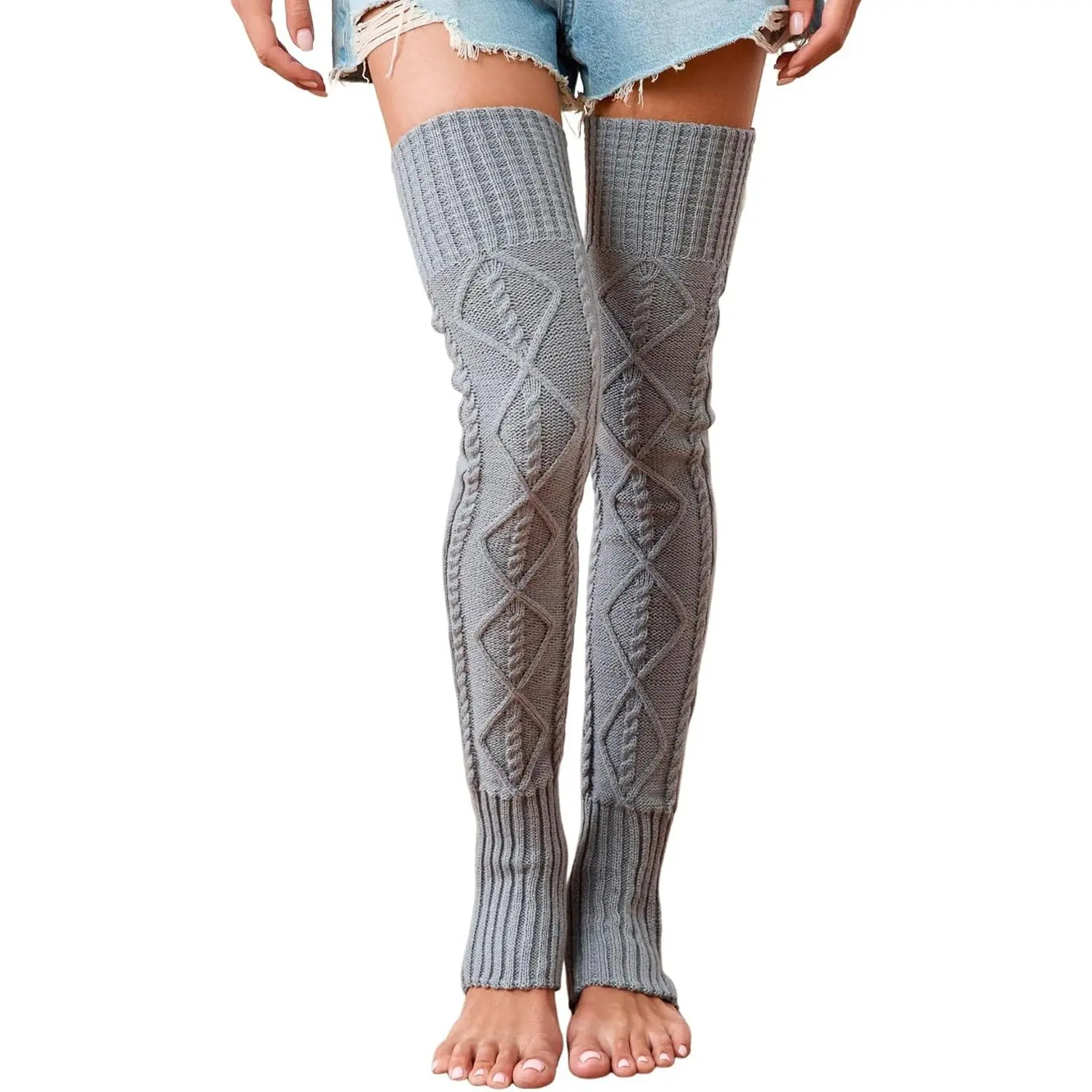 Women's Knit Pattern Extra Long Stirrup Leg Warmers - Lady's Basic Winter Polyester Over-Knee Thigh-High Footless Sports Socks, Hand Wash Only