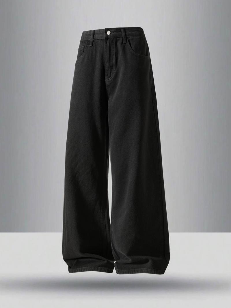 Men's Solid Wide Leg Jeans, Relaxed Fit Jeans, Loose Casual Comfy Minimalist Denim Trousers for Daily Wear, Woven Bottoms for All Seasons