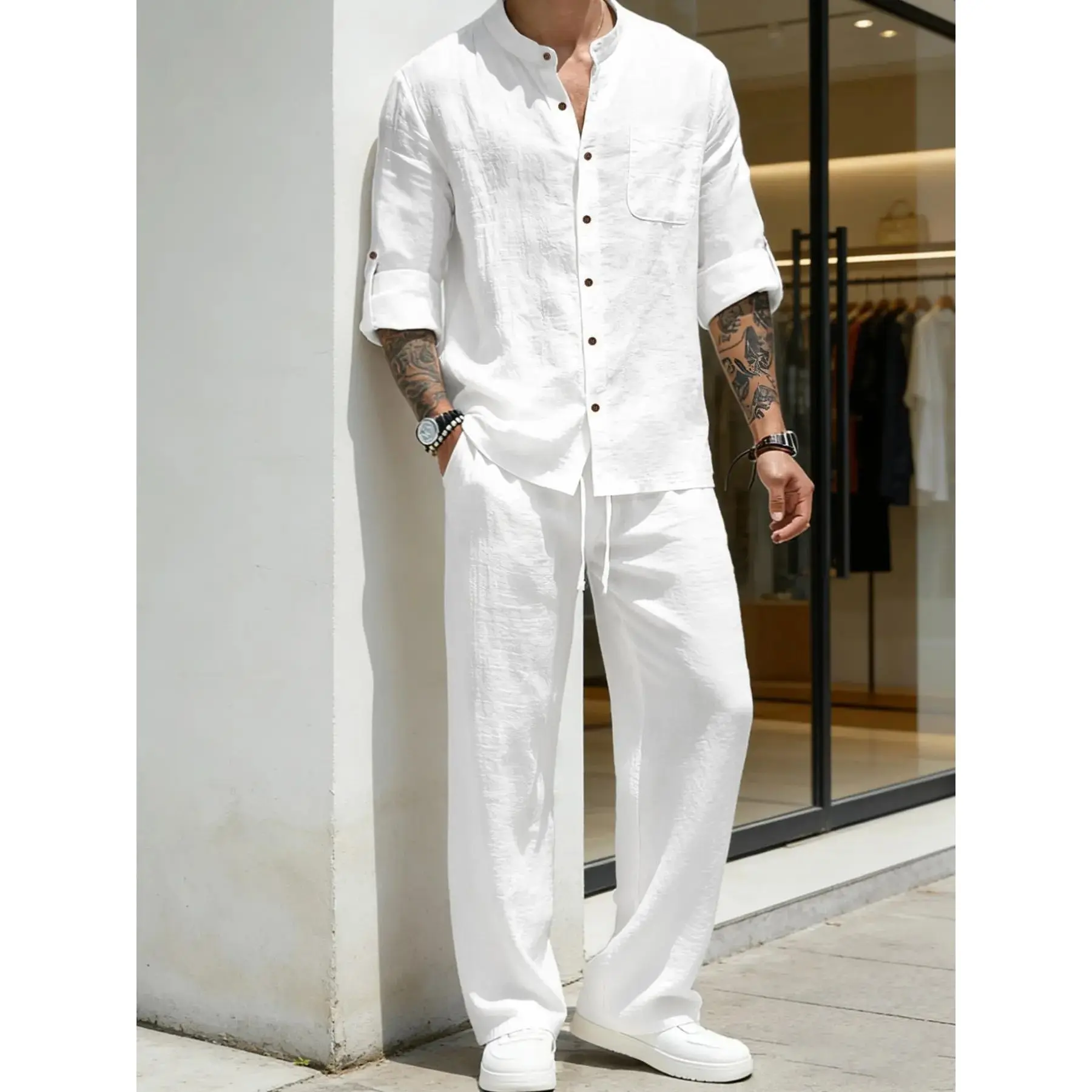 Men’s Linen Stand Collar Long Sleeve Button Shirt & Elastic Drawstring Straight Leg Pants Matching 2 Piece Set, Lightweight Breathable Casual Resort Vacation Outfit For Men