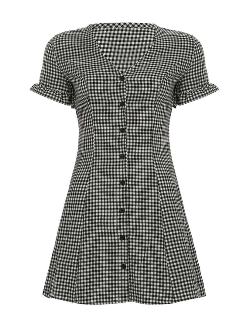 Women's Plaid Print Button Front V Neck A Line Dress, Elegant Fashion Casual Short Sleeve Dress for Daily Outdoor Wear, Summer Dresses for Women