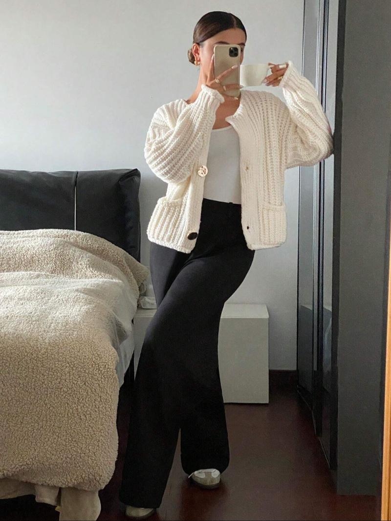 Women's Solid Color Cardigan, Casual Long Sleeve Button Front Knitwear for Fall & Winter, Fashion Women's Knit Clothing for Daily Wear, Tops, Basic Clothe