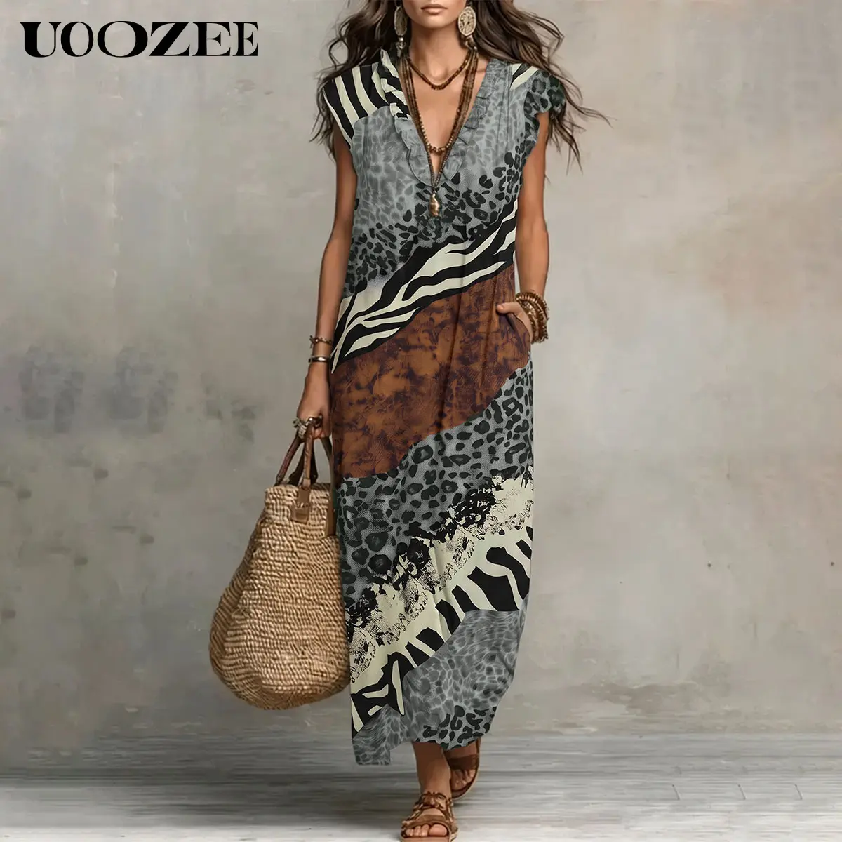 UOOZEE Women's Maxi Dress, Flowy Mixed Animal Print Ruffle V-Neck, Lightweight Polyester Gown for Vacation with Pockets, Bag, Garments, Party, Blazer, Accessories, Vibe, Oversized, Baggy, Tropical, Hoop, Smart Casual