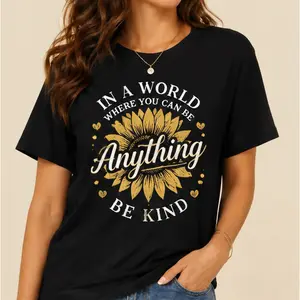 Women's Be Kind Sunflower Graphic Tee - Inspirational Quote Print, 200GSM Short Sleeve Crew Neck Top, Women's Tops, Graphic Tees, Graphic Tees Women
