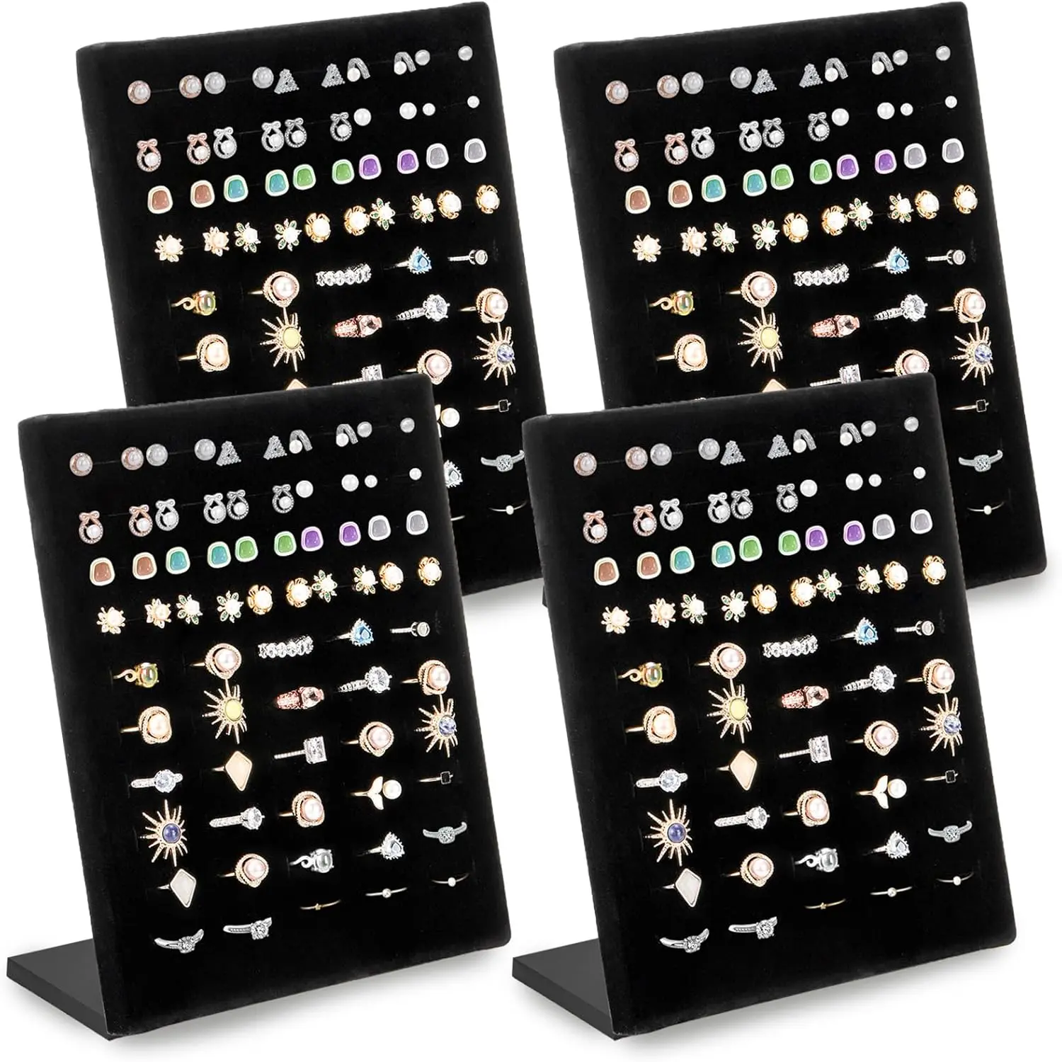 4 Pack Velvet Ring Display Stand, 50 Slots Rings Organizer Jewelry Display Tray, L-Shaped Ring Holder Display for Selling Earrings Rings, Black
