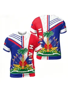 Haiti Flag Print Short Sleeve T-Shirt, Unisex Casual Long Tee, Round Neck, Blue 3D Print, Summer Streetwear, Tropical, All Seasons