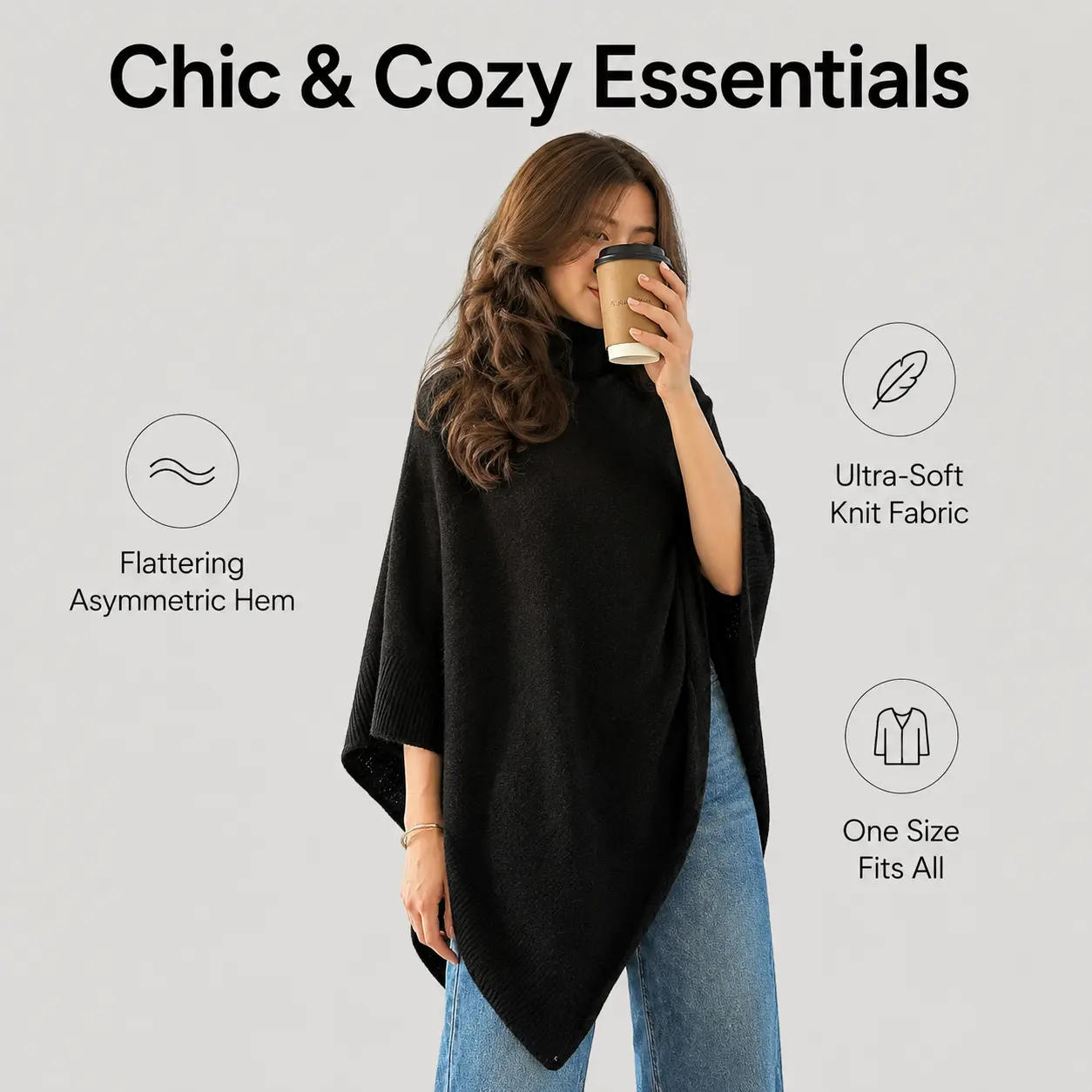 Yodutry Women's Ultra-Soft Ribbed Knit Poncho Sweater - Asymmetric Mock Neck, Side Slits, Chic Cape for Parties, Street Style Vibe, Knitwear with Bag Compatibility, Loungewear Top