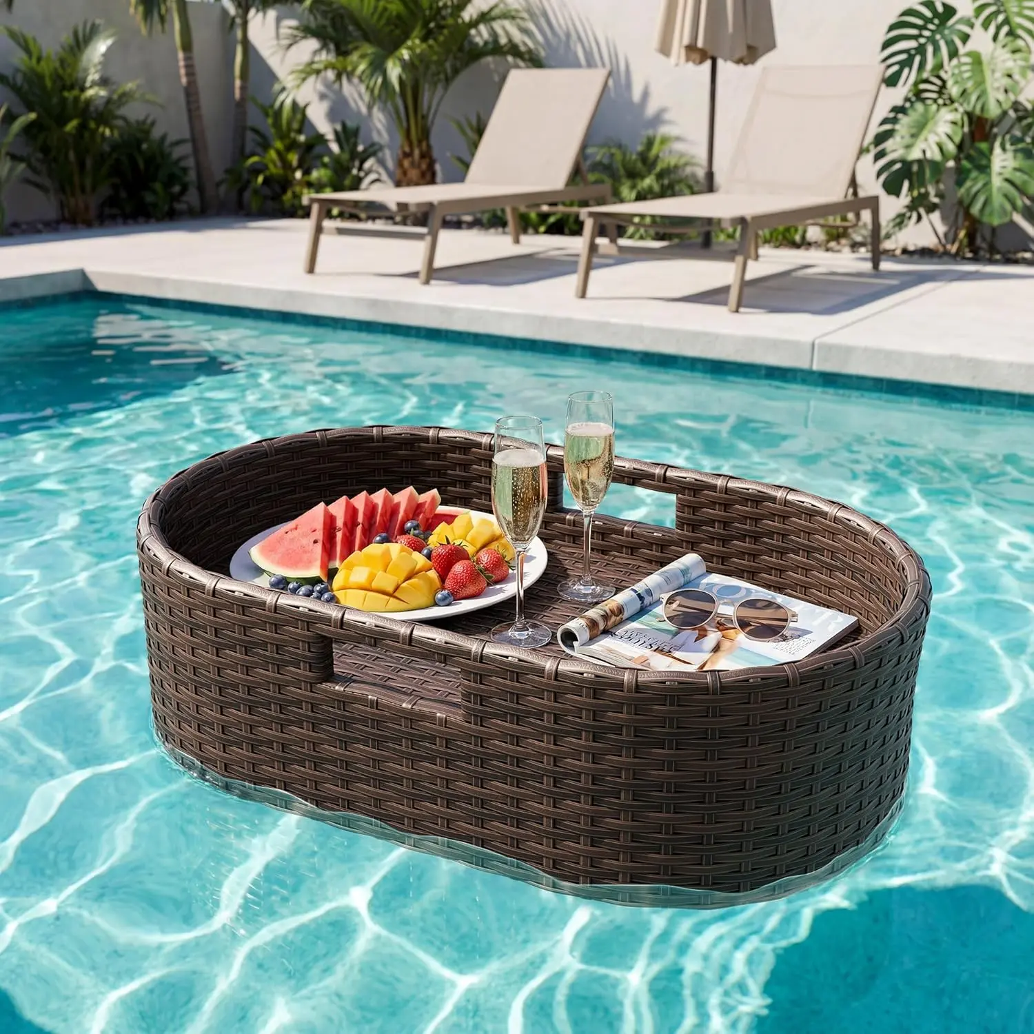 Floating Pool Tray Large PE Rattan Pool Serving Bar, Luxury Pool Floating Table with Handles for Pool Party, Hot Tub & Beach (Brown)