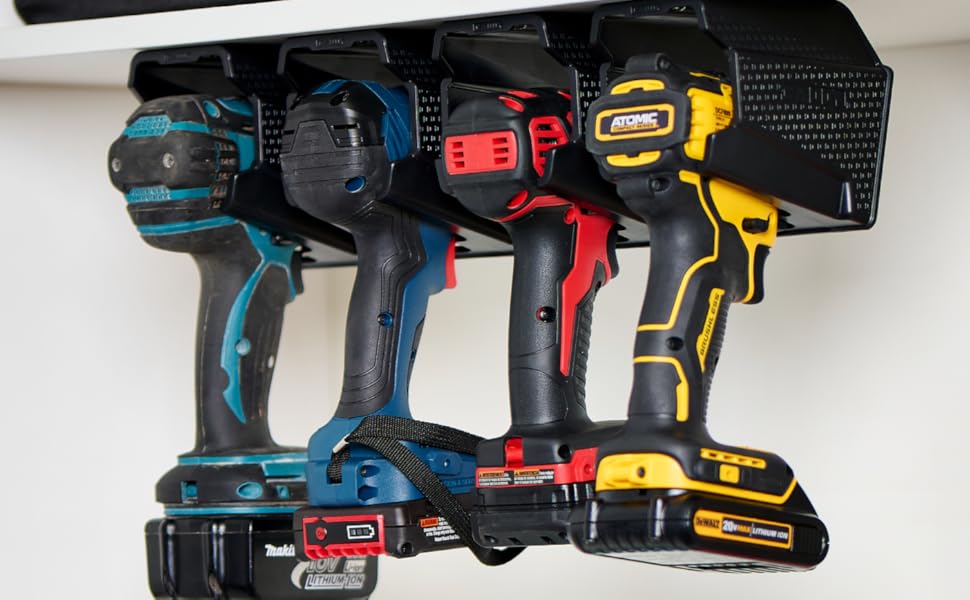 Drill Holder Power Tool Organizer, Universal Wall Mount Cordless Tool Rack for Milwaukee, Dewalt & More, 2-Pack, Black