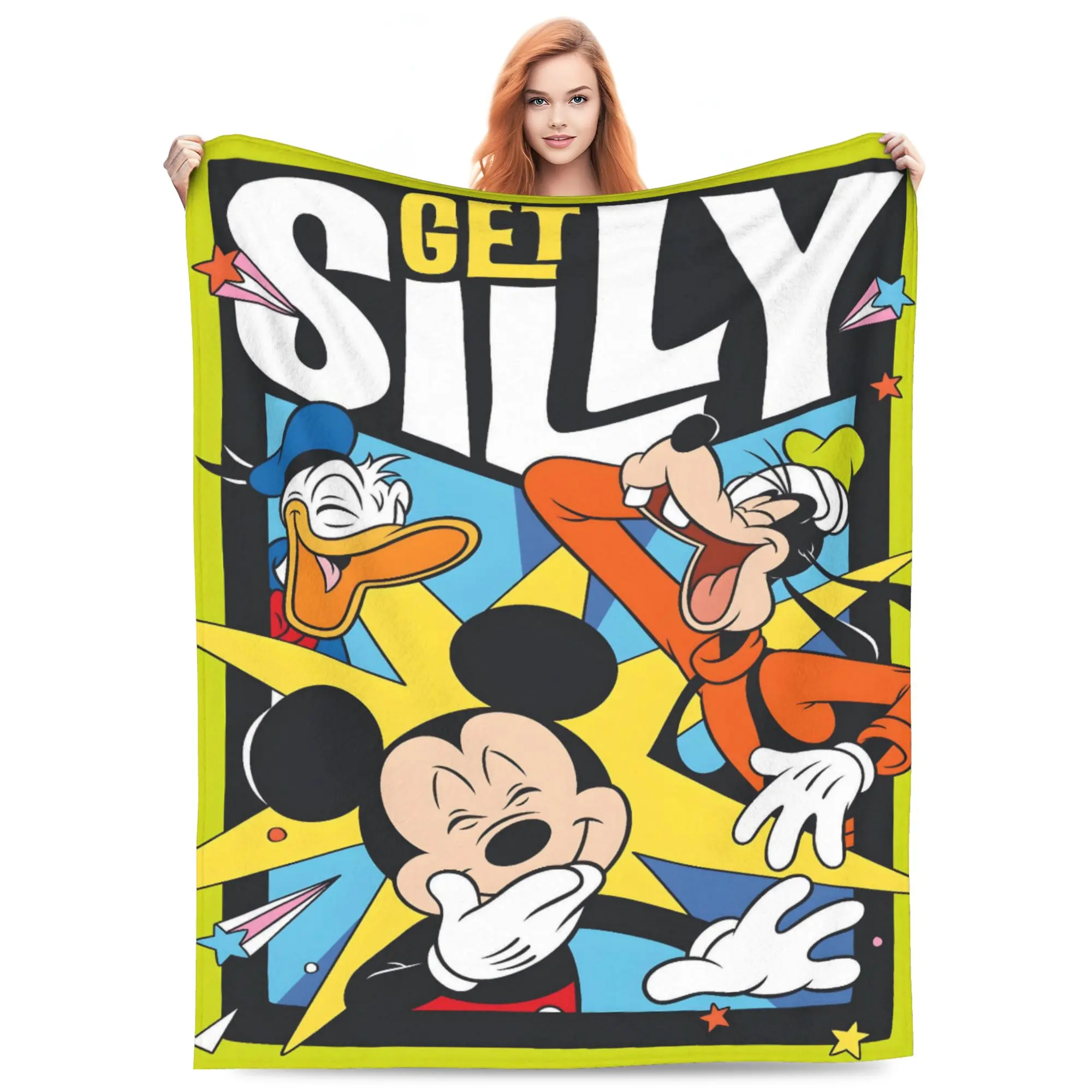 DISNEY CLASSIC Mickey Donald Goofy Get Silly Throw Blanket, Classic Disney Characters Laughing Colorful Star Burst Cartoon Print Flannel Fleece Blanket Soft Cozy Blanket for Sofa Bed Gift for Kids Disney Fans