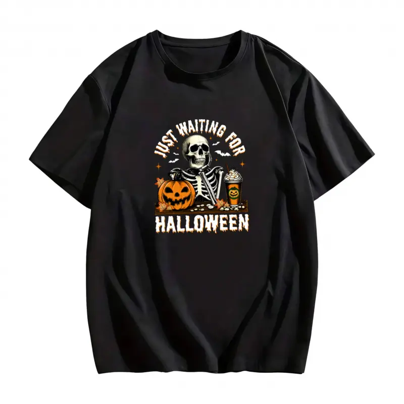 Just Waiting for Halloween  Shirt, Funny Skeleton Halloween Graphic Tee, Vintage Skeleton Unhinged Shirt, Funny Women T-shirt, Spooky Season, Halloween Shirt, Comfy Fabric Graphic Tee, Womenswear, Cotton Fabric Relaxed Fit Chic Style