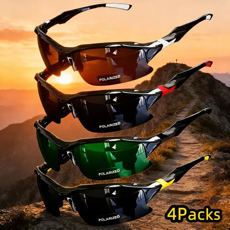 4 PCS Unisex Polarized Sports Glasses, Resin Plastic UV400 Anti‑Fog Windproof Eyewear, Anti‑Glare Lightweight Shades for Running Fishing Outdoor Activities