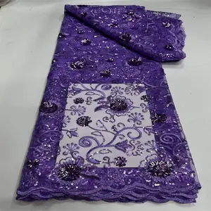 2026 Red High-Quality Elegant and soft gauze 3D sequined lace fashion embroidery fabric Green high quality African lace party wedding dress latest exquisite design 1Yards/5Yards Purple
