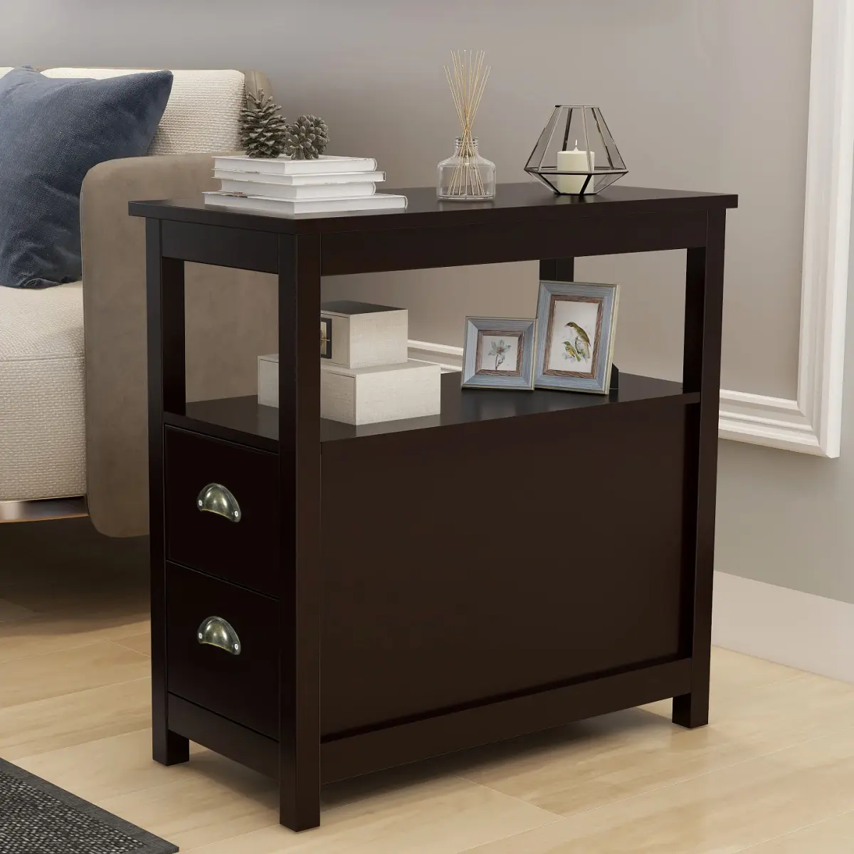 Pine Storage Side Table - E1 Standard Eco-Friendly MDF, Solid Finish Wooden Legs, 2 Drawers, 2 Open Shelves, UV-Paint Waterproof Scratch-Resistant Top, 80cm Drop Test Passed, Full Accessories, Secure Packaging, Assembly-Required Living Room Sofa End Table