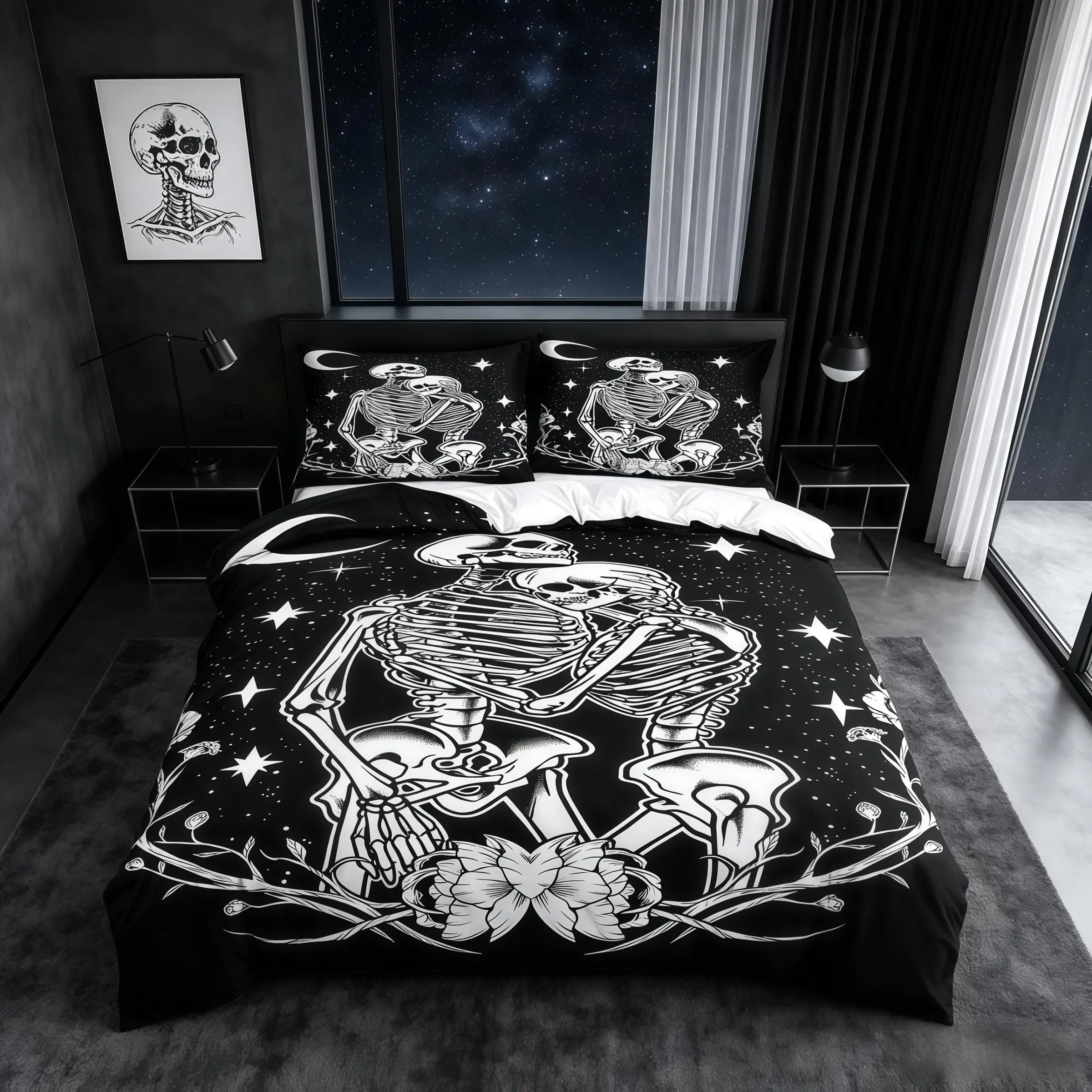 Couple Skull Pattern Duvet Cover Set, Romantic Gothic Bedding Set (1 Duvet Cover + 1/2 Pillowcase, No Filler), Suitable For Teenagers And Adults, Bedroom, Dormitory, Guest Room Scene