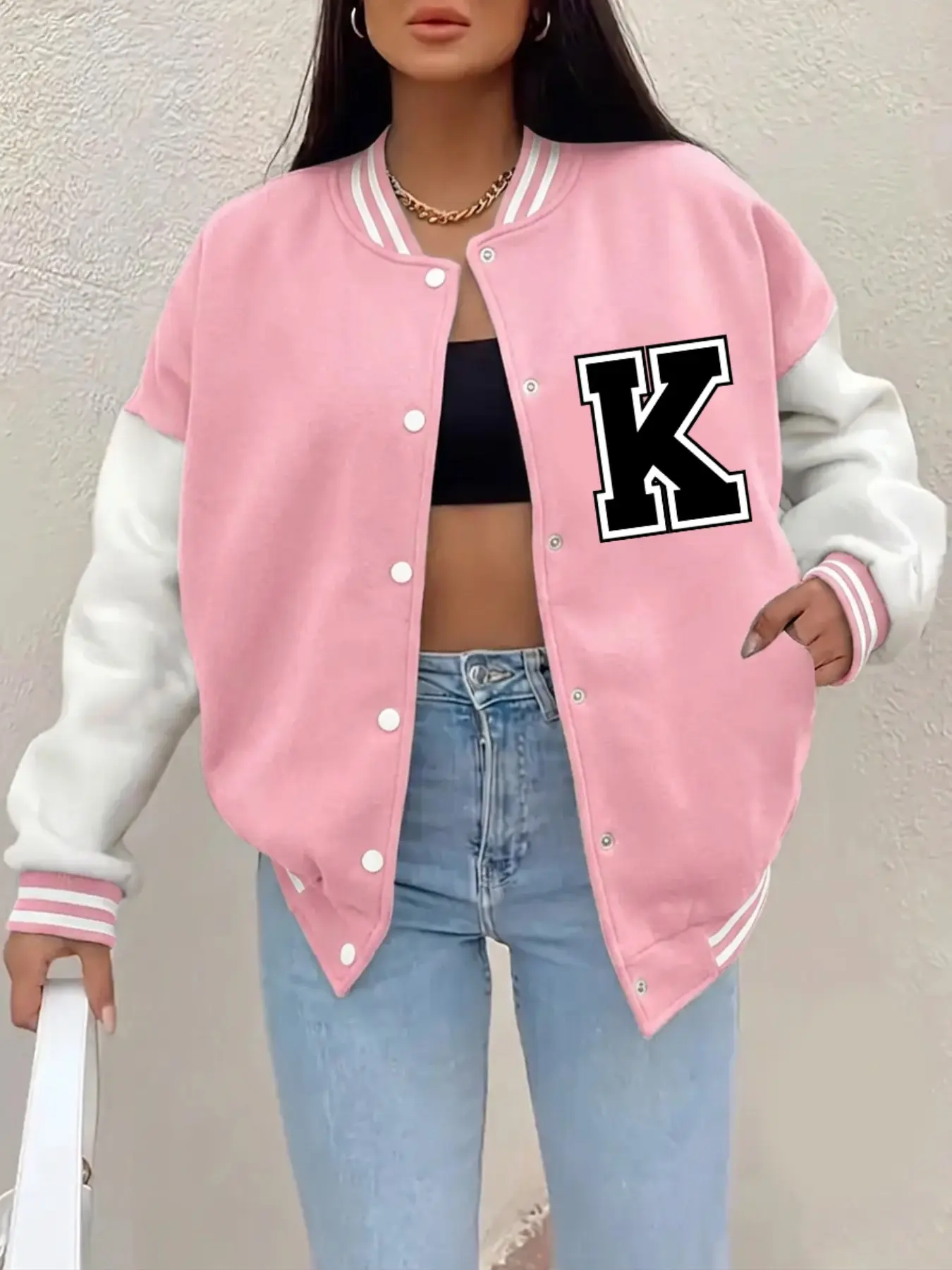 Women Oversized Color‑Block Varsity Baseball Jacket, Bold Letter K Graphic Button‑Down Contrast White Sleeve Ribbed Collar Casual Streetwear Bomber Coat