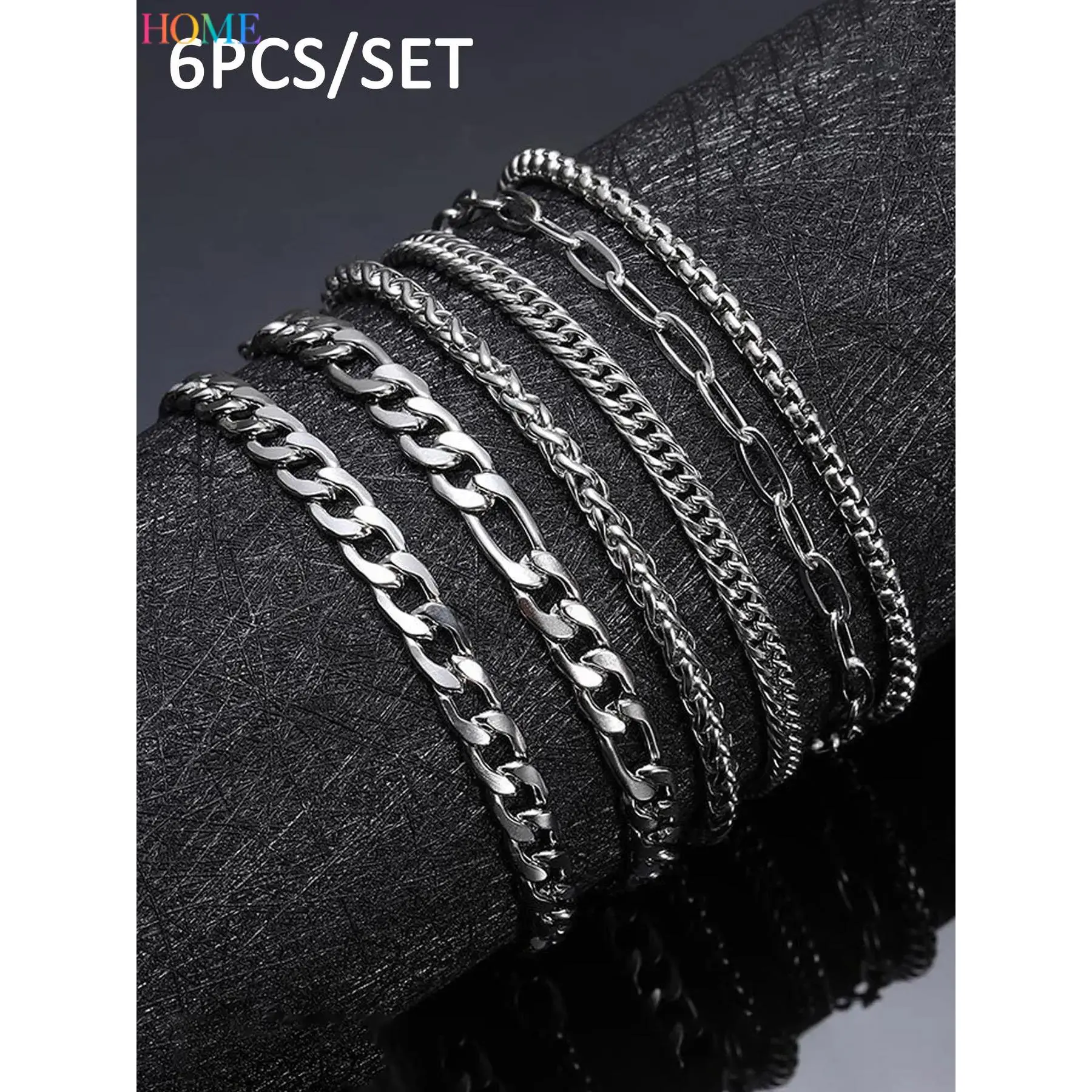 HOME 6-piece Set of Simple Stainless Steel Metal Bracelet, Men's and Women's Fashion Trend Style Stacked Bracelet Set, Stainless steel bracelets, Stackable Bracelets