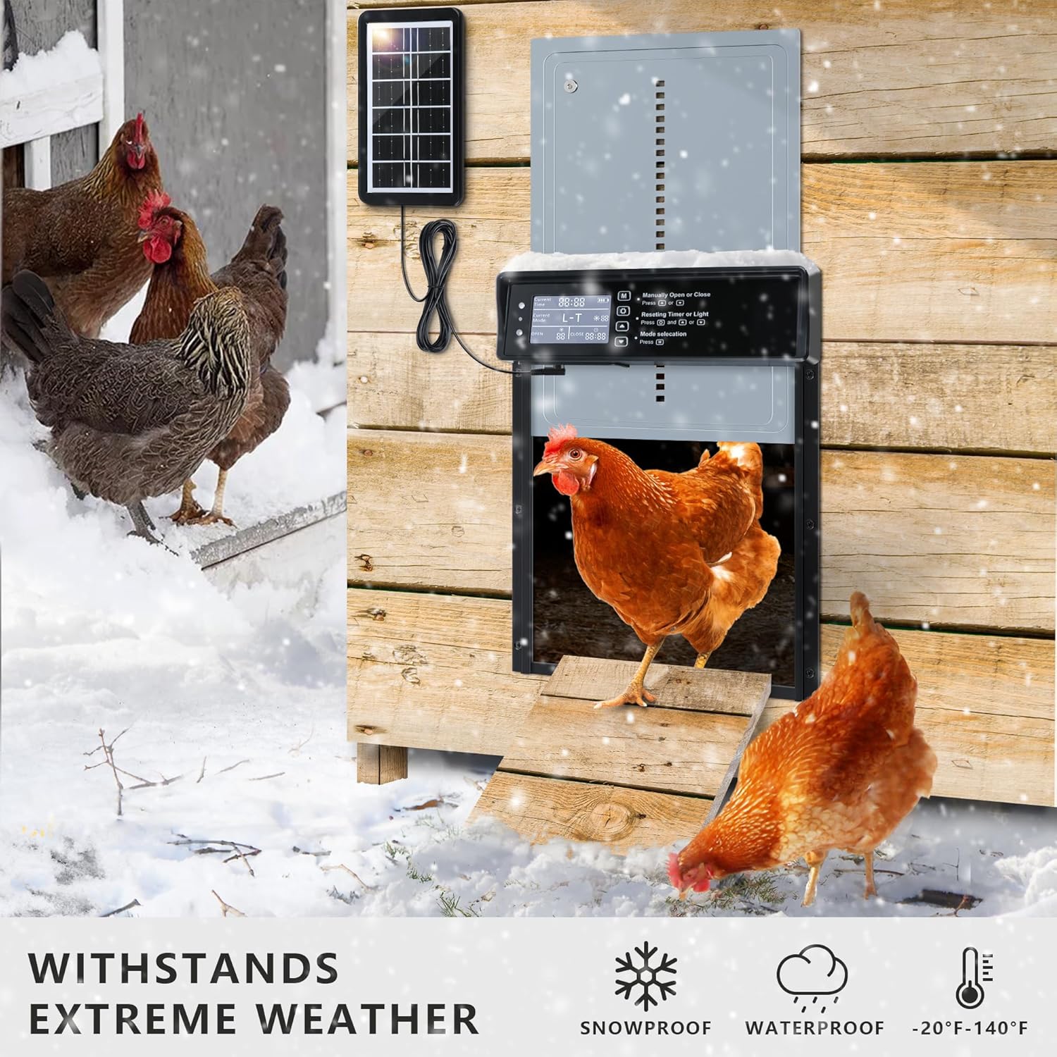 Automatic Chicken Coop Door Solar , LCD Screen Electric Chicken Coop Door with Timer & Light Sensor, 4 Modes Solar Chicken Coop Door, Anti-Pinch & Door   Coop Door with Remote Control