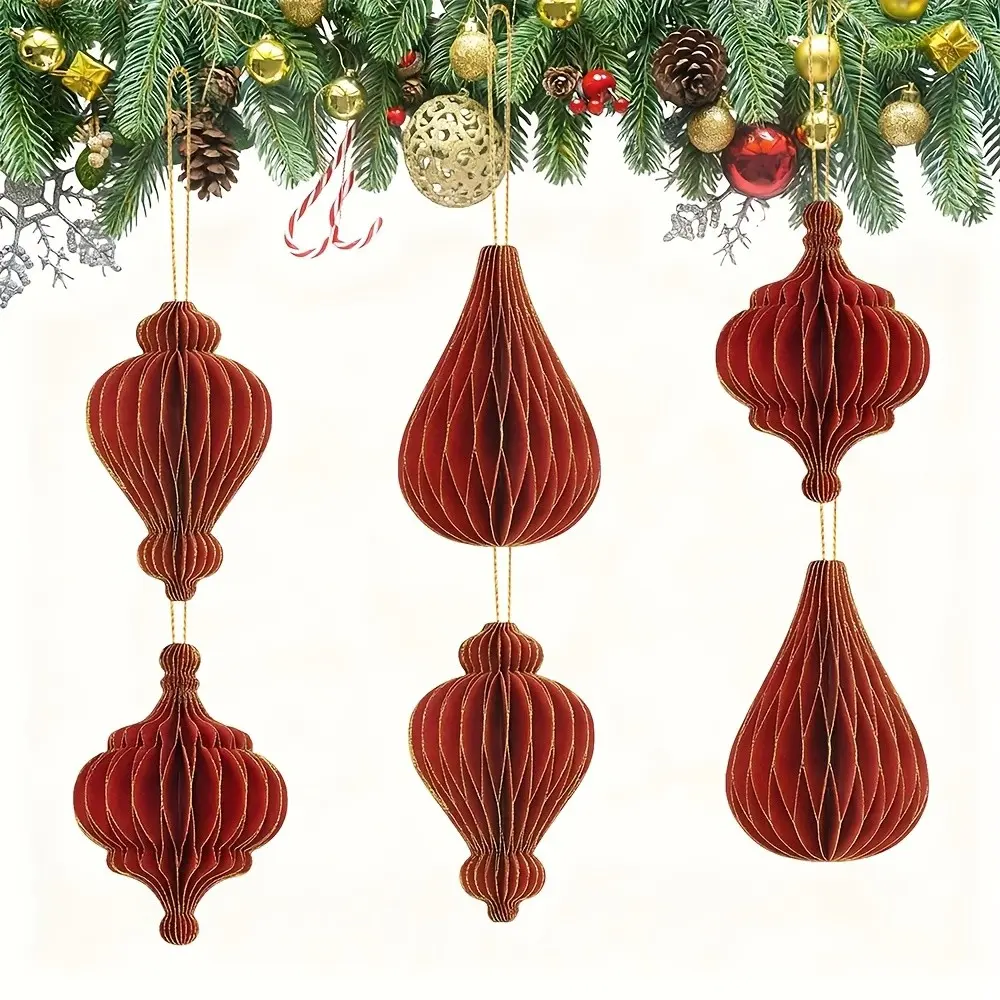 6pcs Honeycomb Christmas Ornaments, 3D Mini Glitter Edge Paper, Hanging Decors for Wedding, Bridal Shower, Birthday, Festival, Holiday Party Decor