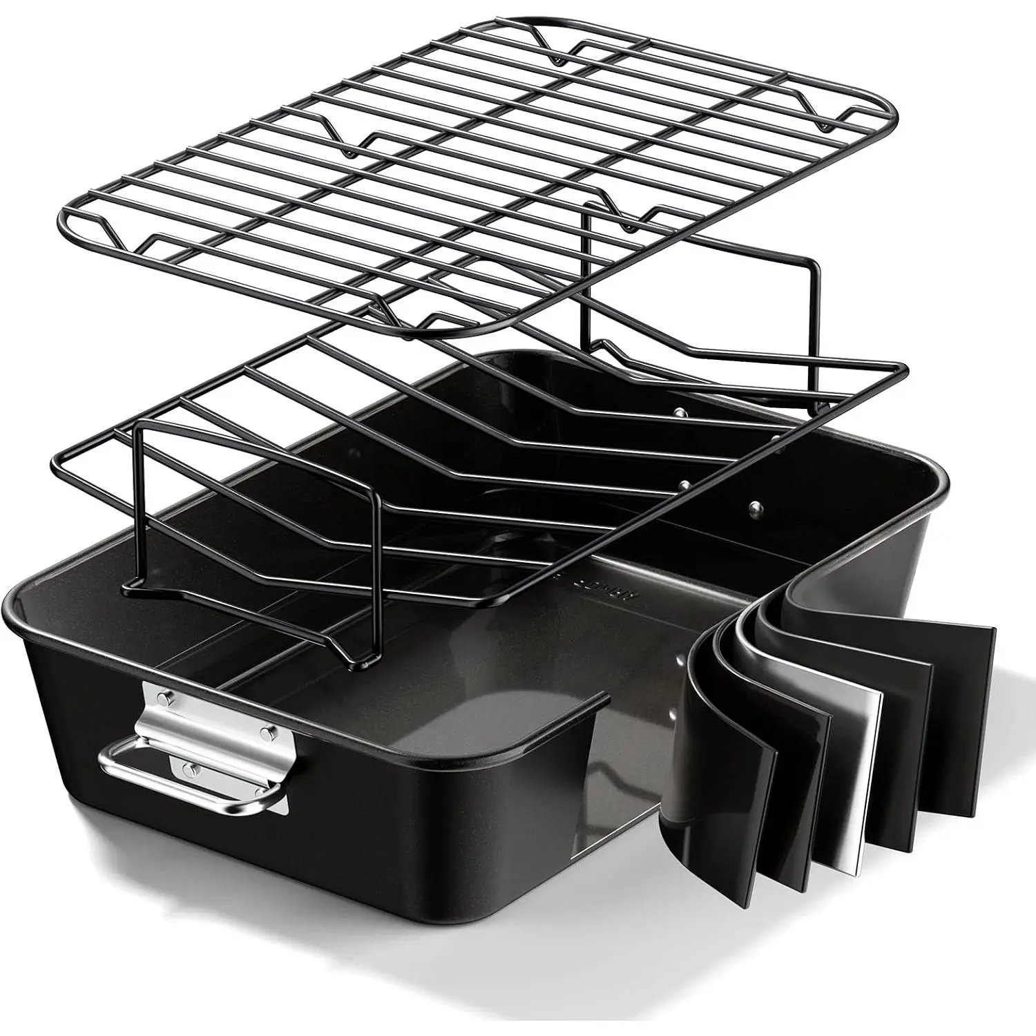 Nonstick Carbon Steel Turkey Roasting Tray with Rack (16x11 in) - Dishwasher Safe Deep Pan for Holiday Meals, Oven Bake Meat (Black, Baking Tray), Pfoa-Free