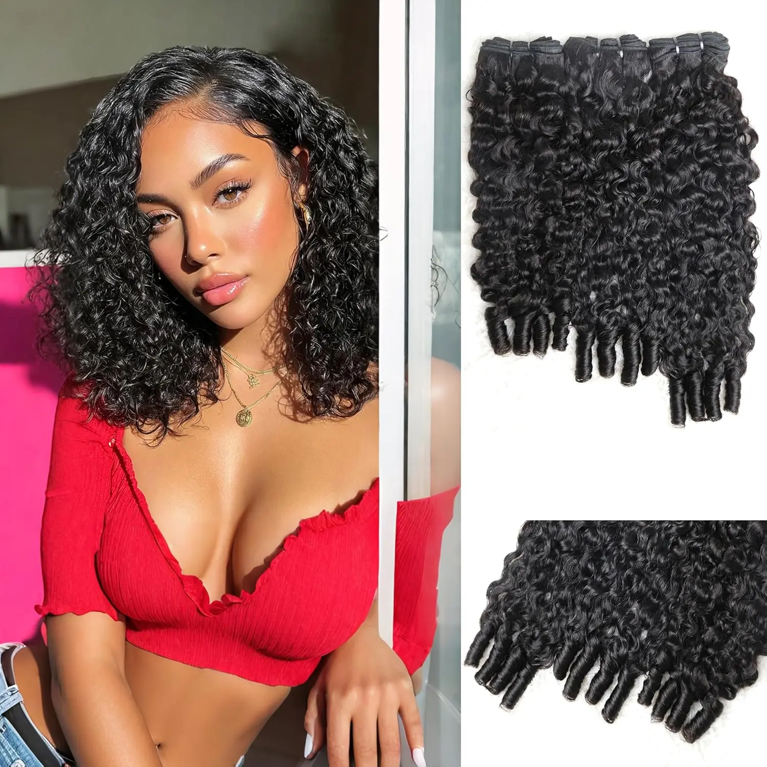 Female Unprocessed Burmese Curly Human Hair Extensions - 12/14/16in 3C4A Water Wave Wet and Wavy, Elasticity Quick Weave for Birthday & Formal Wear, Multiple Lengths Black Virgin Hair