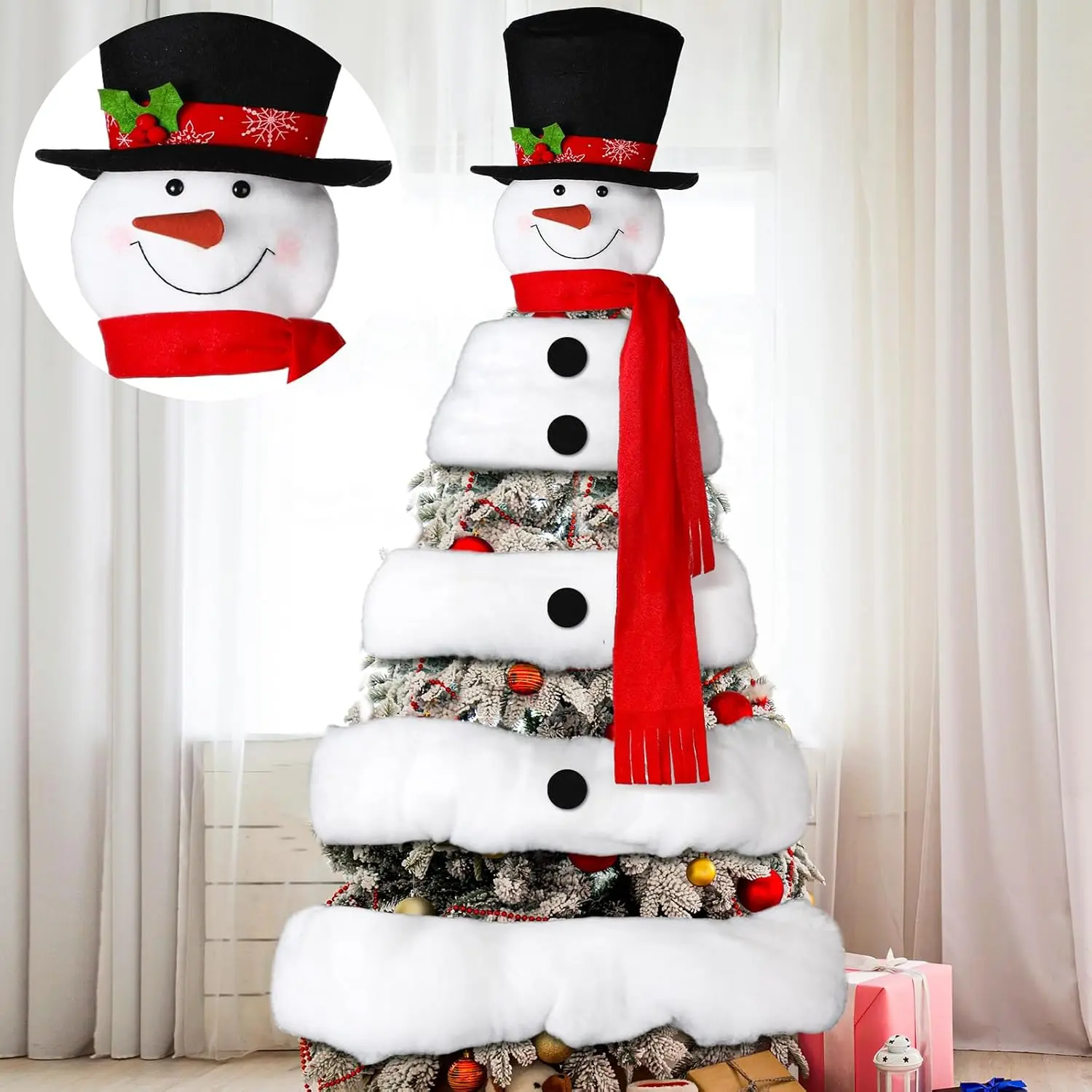 Christmas Snowman Tree Topper 4.92ft  Snowman Hat Snow Scarf Tree Decoration Cute Hug Topper for Xmas Winter Holiday  Year Decor