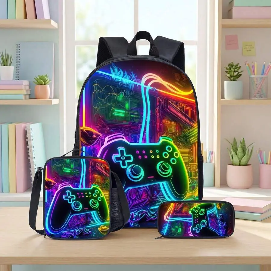 Neon Game Controller Printed School Backpack Three-Piece Set Waterproof And Wear-Resistant Student Shoulder Bag Includes Insulated Lunch Bag And Pencil Case Essential For Boys Going To School, 17in Bookpack