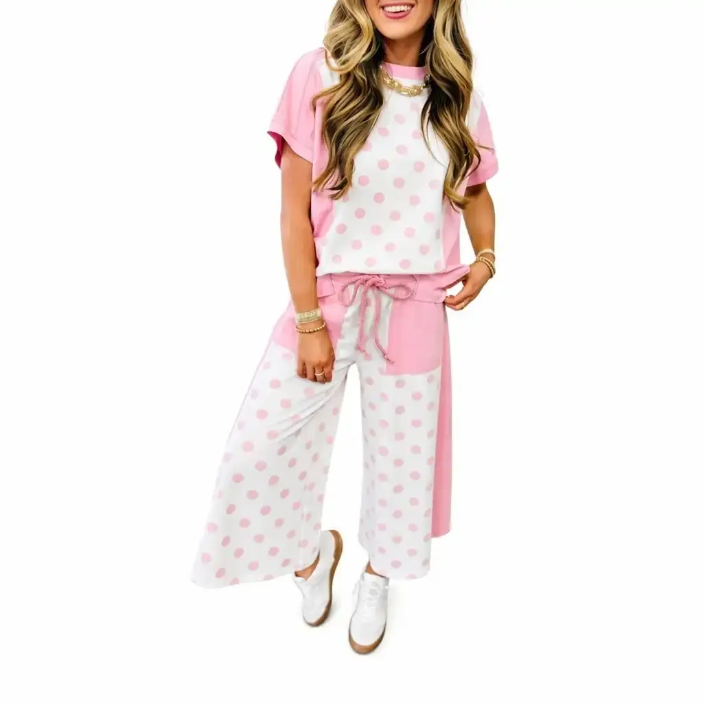 BF Women's Aesthetic Chic 2-Piece Sports Pant Set - Color Block, Patchwork, Polka Dot Wide Leg Design, Stylish Prints, Perfect Fit for Day Wear, 2 pcs set