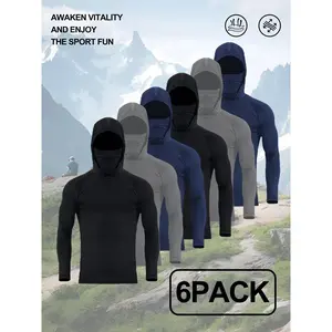 Men's 6 Pack Hooded Compression Shirts with Face Cover - UPF 50+ Sun Protection, 4-Way Stretch Quick Dry Long Sleeve for Fishing, Hiking, Running & Outdoor Sports