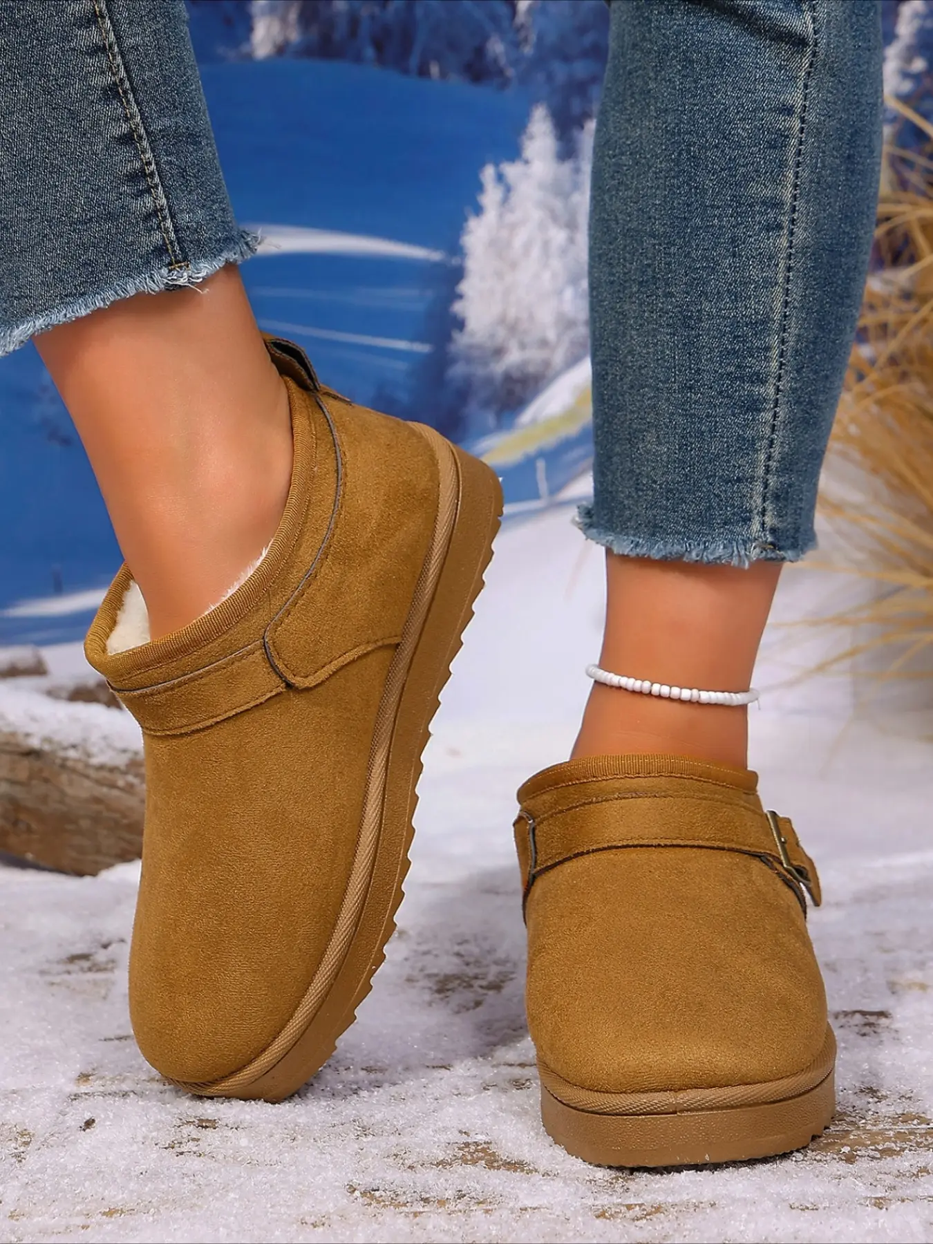 Suede low‑top snow boots with buckle strap, round toe thick sole, plush lined, retro casual women warm winter slip‑on shoes