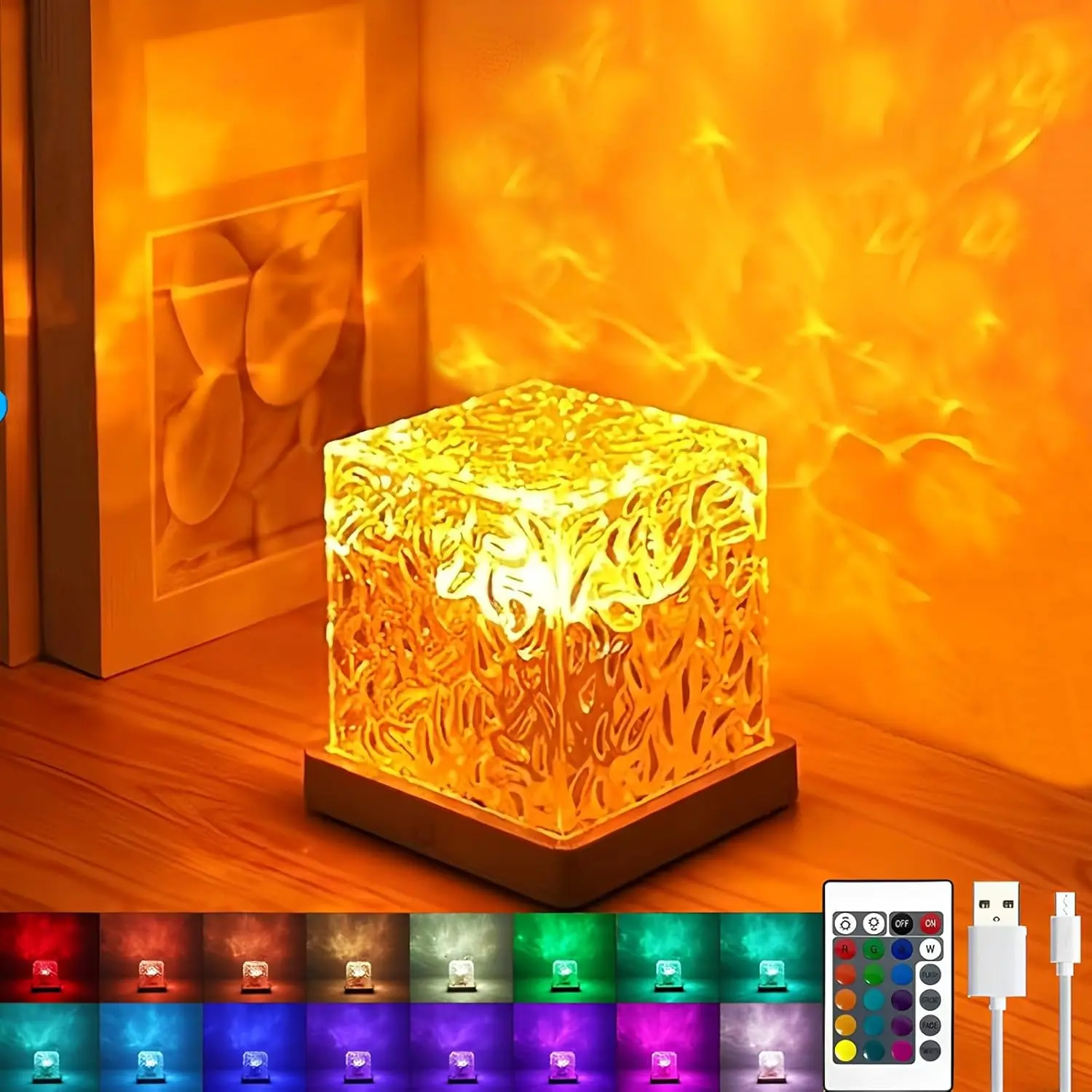 Wave Projector Light,16 Colors Mood Lighting Shower Lamp Cube Northern Lights Projector Night Light, Water  Lamp,Ambient Lighting with Remote for   Room Bathroom Bedroom Decor