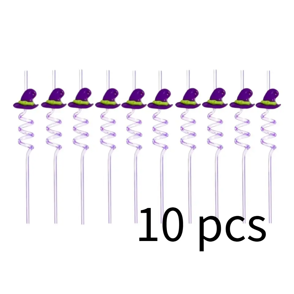 This set features creative purple witch-topped spiral straws that are reusable and durable. Perfect for themed drinks at bars or family gatherings, they effortlessly add a fun, spooky Halloween touch to your table setting.