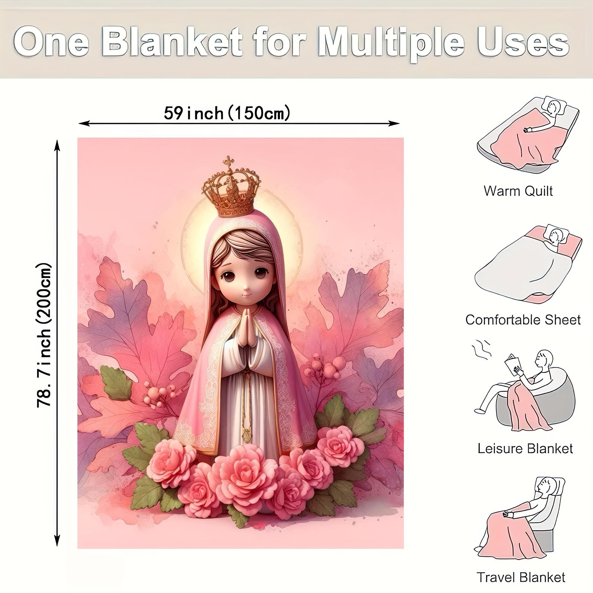 1pc Cute Cartoon Virgin Mary Digital Print Fleece Flannel Blanket, Soft Warm Nap Blanket For Sofa, Office, Bed, Camping, Travel, All-Season Multi-Purpose Gift, Pink, Machine Washable Perfect As A Gift For Friends And Family