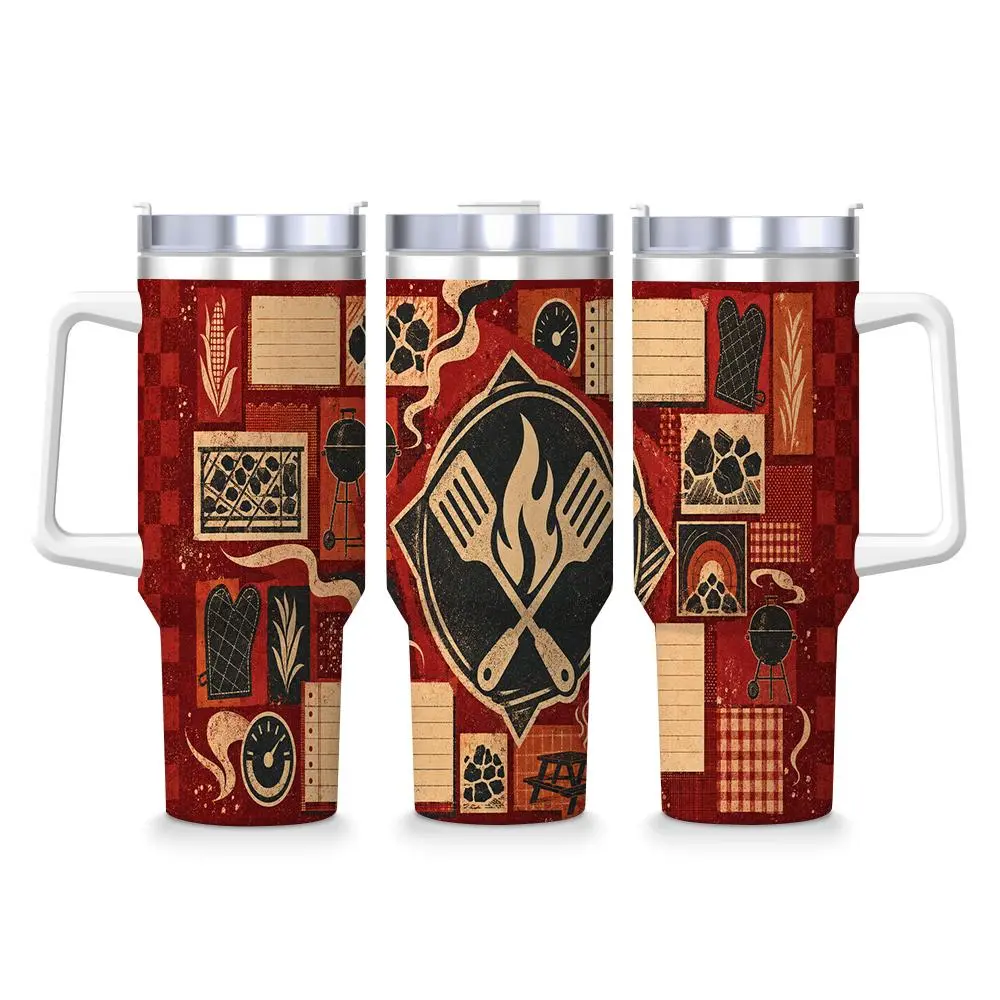 40oz BBQ Grilling Tumbler With Handle, Retro Fire Grill Print Insulated Stainless Steel Travel Mug, Gift for Grill Lovers