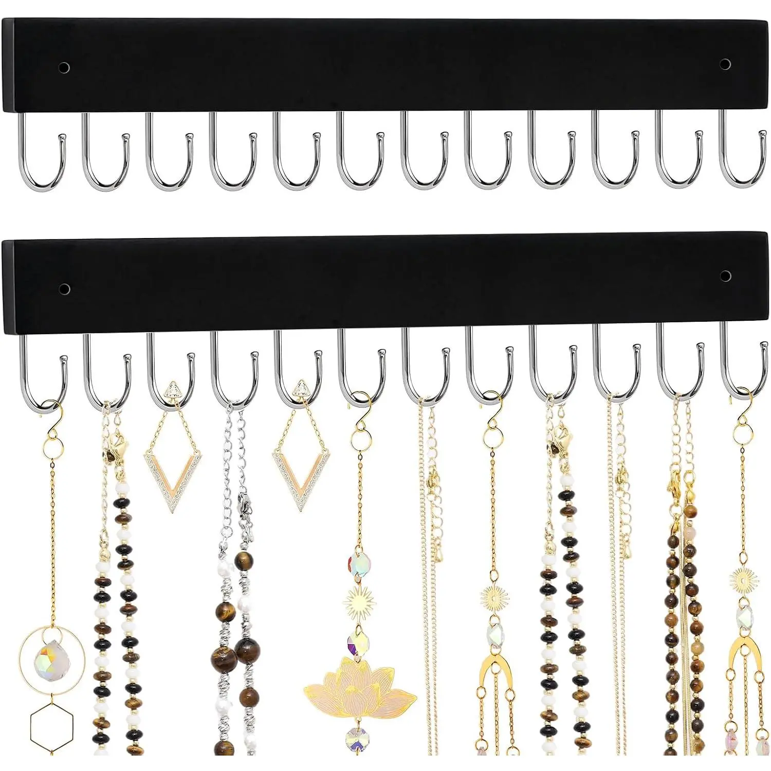 Organizer, 2 Pack Wall Mount Wooden Holder |  , 24 Rotating Hooks, Wall Mounted With Screws, For Necklaces, Bracelets, Earrings And