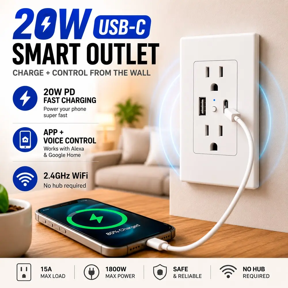 Smart Wall Outlet with USB-C & USB-A, Built in WiFi Receptacle, Remote Control, Timer, Alexa Google Home Compatible