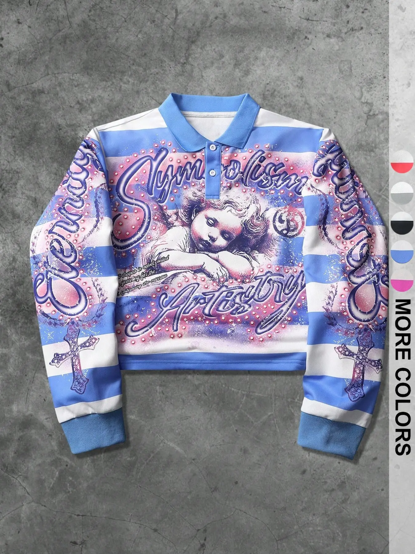 American Vintage Striped Long Sleeve Aesthetic Polo Shirt, Full Coverage Rhinestone Angel Cross 3D Letter Print, Loose Fit Streetwear Casual Cozy Sweatshirt
