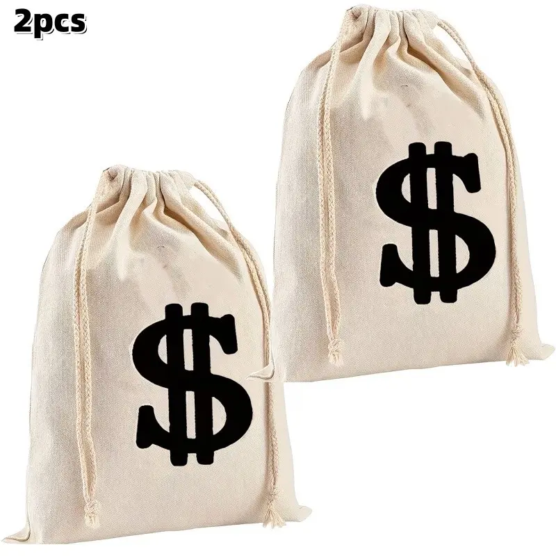 2 Pirate Money Bags with Drawstring, Canvas Coin Pouches, Halloween Birthday Party Gift Bags, Treasure Bags for Pirates Parties