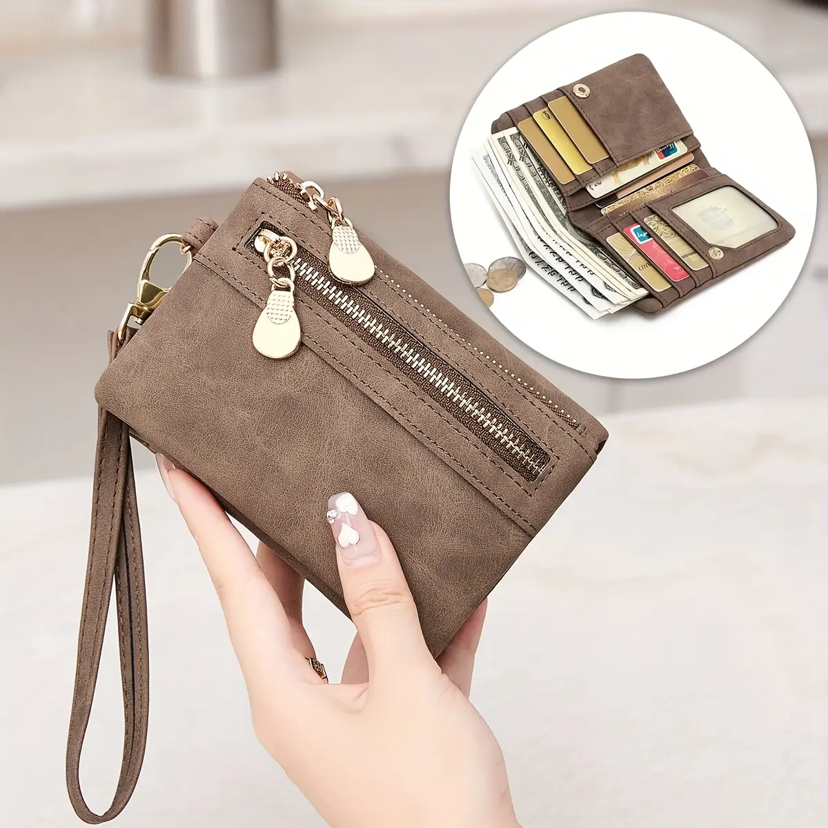 Women's Flexible Leather Wallets, Vintage Double-Fold Wristlet with Fold-Flat Ease, Multiple Card Slots for Quick Card Access, Snap Closure, Black, Wallets For Women