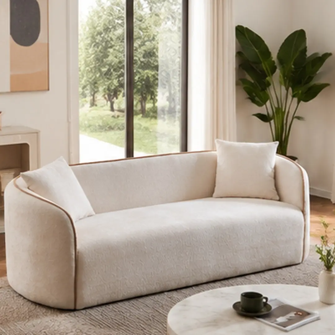 Beige 82" Width Curved Boucle 3-Seater Wood-Fabric Sofa with Pillows - Clean Look Couch, 900 lb Capacity, High-Resilience Sponge, Sturdy Frame, Beige Sectional Living Room Furniture for Apartment Entertaining, Comfy Couch