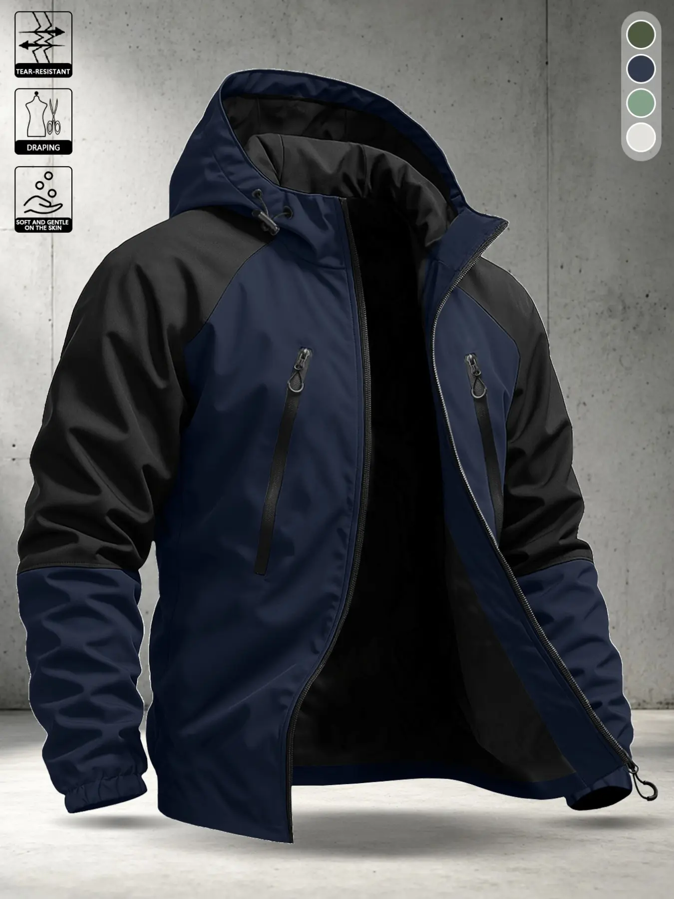 Men's Fall Winter Hooded Zipper Jacket, Colorblock Lapel Long Sleeve, Loose-Fit Casual Outerwear, All-Season Outdoor Clothing