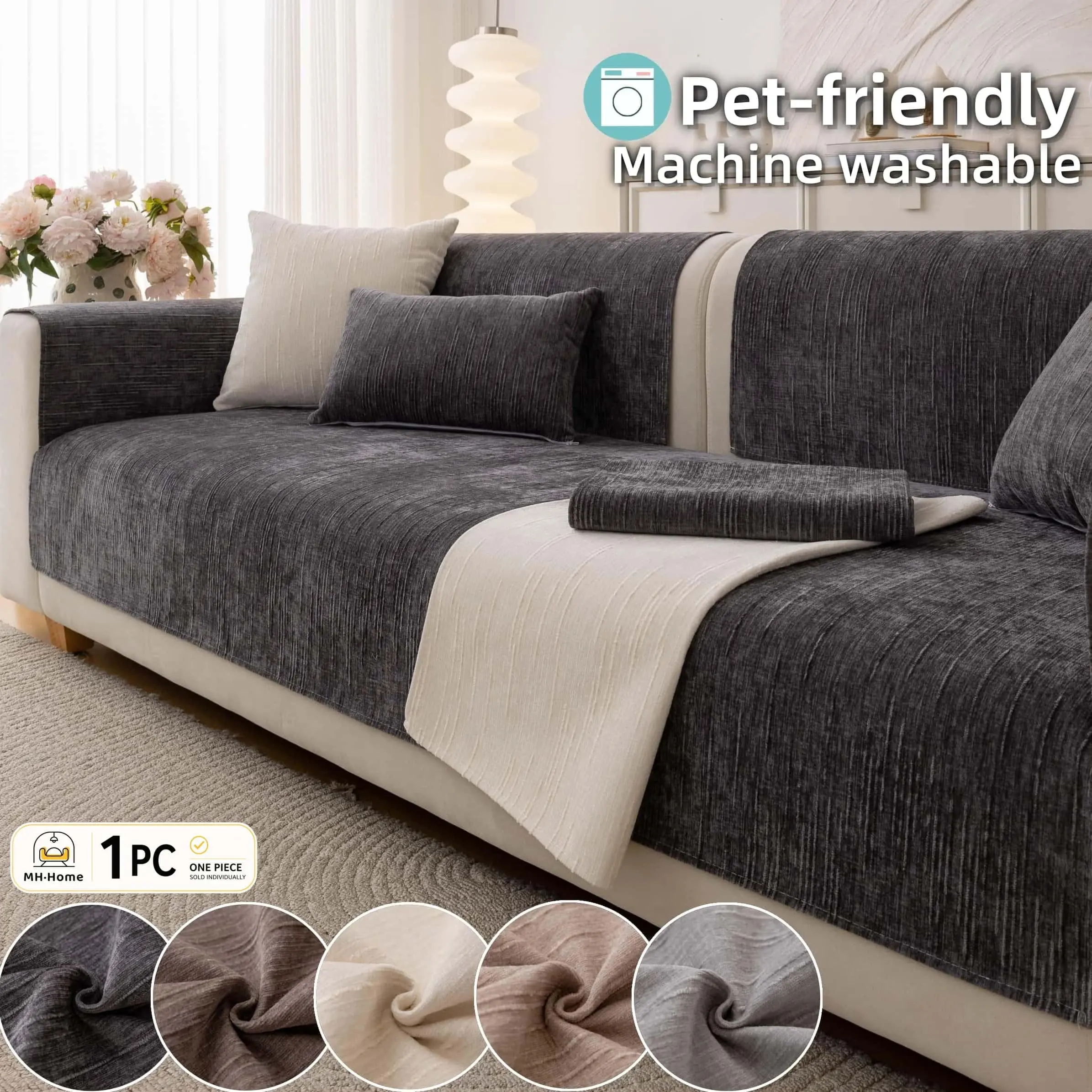 1 Pc Modern Solid Color Sofa Seat Cover, Non-Slip Machine Washable Removable Couch Protector, Pet-Friendly Soft Breathable Cover for Sectional, Loveseat & 3-Seater