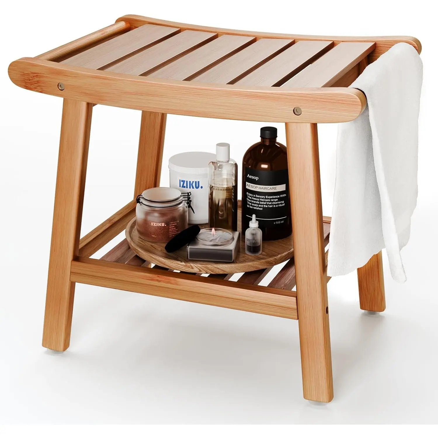 Bamboo shower bench, used for sitting and leaning on during indoor showers, waterproof shower bench for shaving leg hair, spa bathroom shower chair with storage rack, suitable for the elderly, disabled individuals, and elderly-use bathroom bench