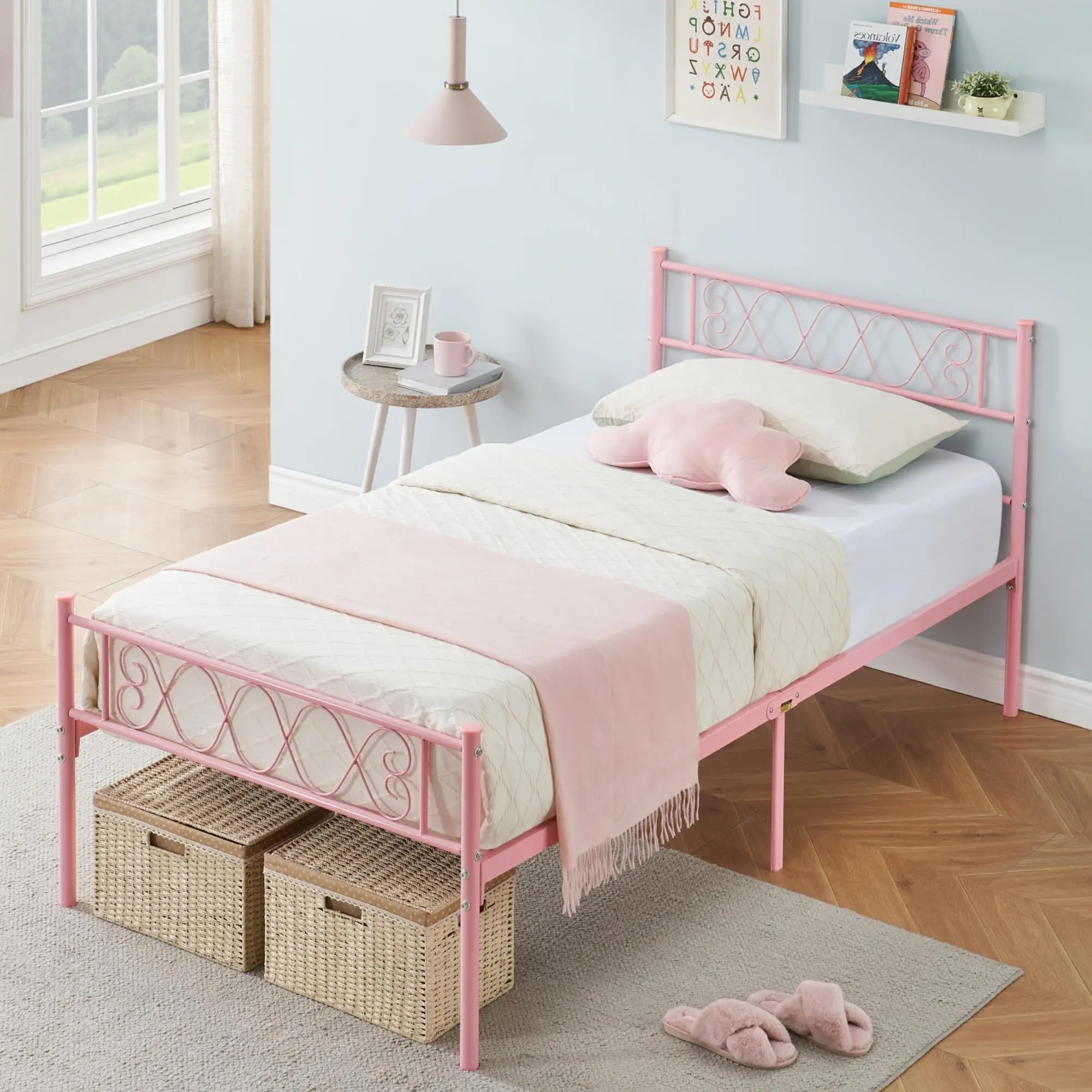 Pink Twin XL Metal Bed Frame with Heart-Shaped Headboard & Footboard, 12.2" Under-Bed Storage, Heavy Duty Noise-Free Iron Platform Bed for Kids Girls Teens Bedroom, 600lbs Capacity