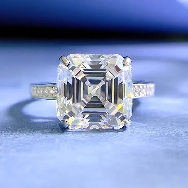 Sterling Silver 925 Silvery 10ct White Moissanite Square Ring, for Party, Wedding, Holiday, Event, Daily Wear, Ideal Gift for Birthday, Anniversary, Engagement, Jewelry for Women