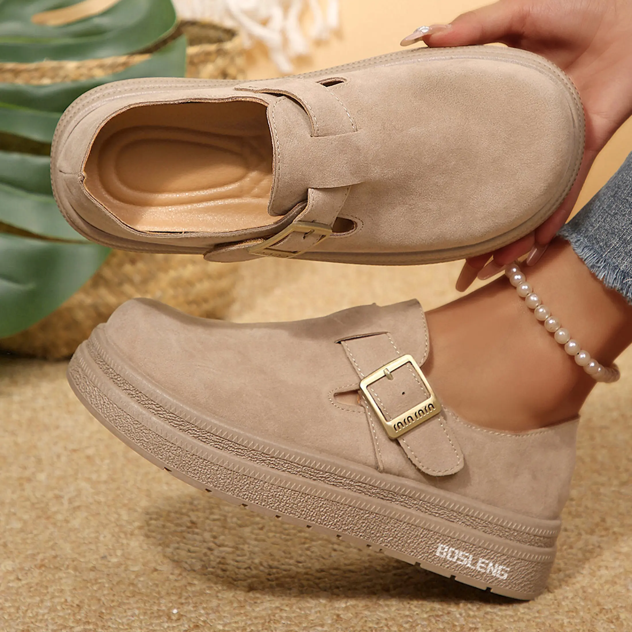 Women's Loafers Suede Thick Sole Clogs, Adjustable Buckle & Cushioned Insole Potato Shoes
