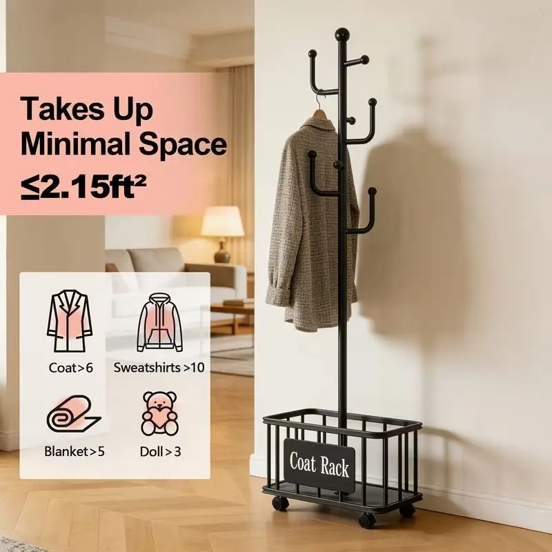 2 in 1 Rolling Coat Rack with Metal Storage Basket, Freestanding Garment Rack with 7 Hooks and 4 Wheels, Space Saving Clothes Organizer for Entryway, Bedroom, Office and Home